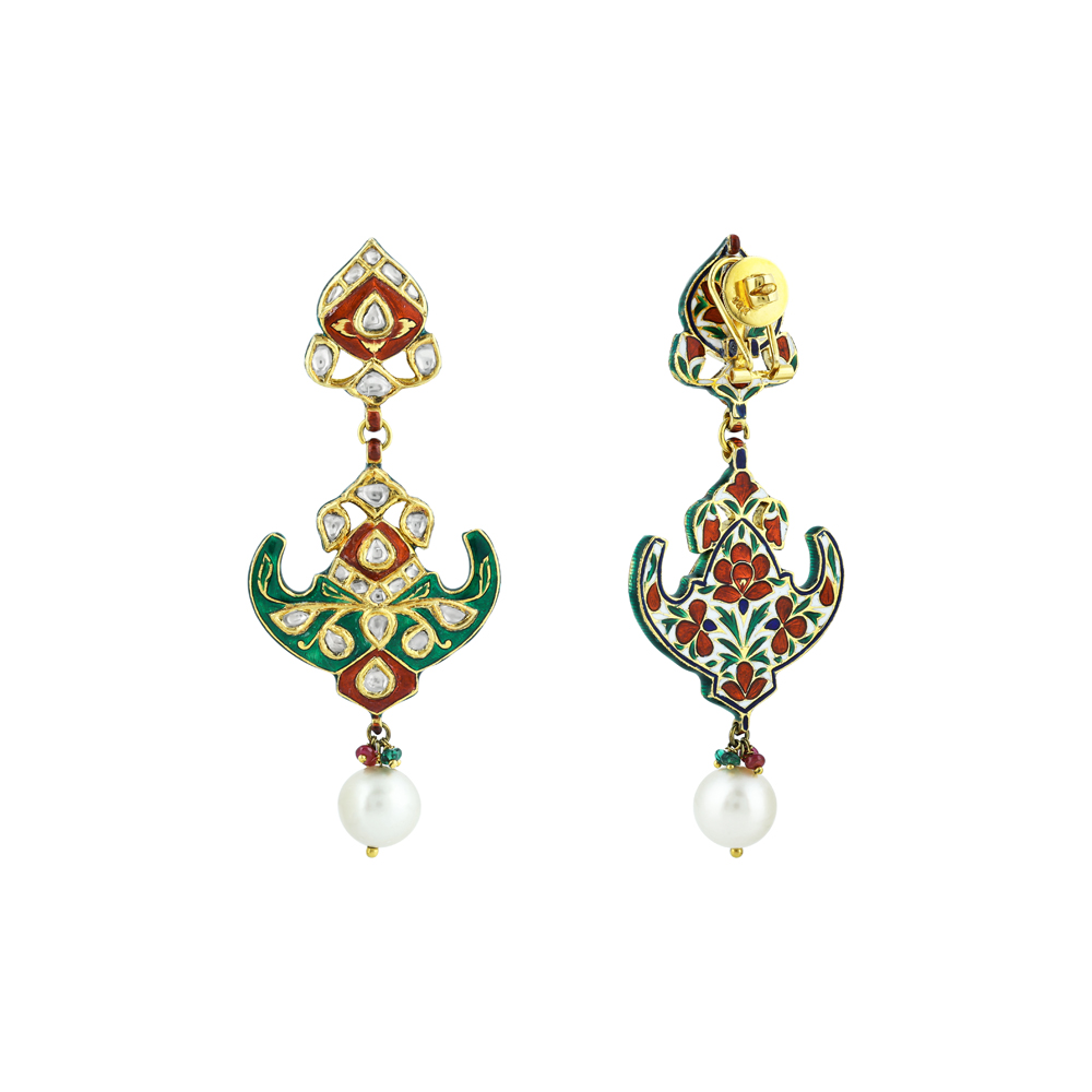 Polki Earrings with Green-Red Enamel, Floral Motif and Pearls